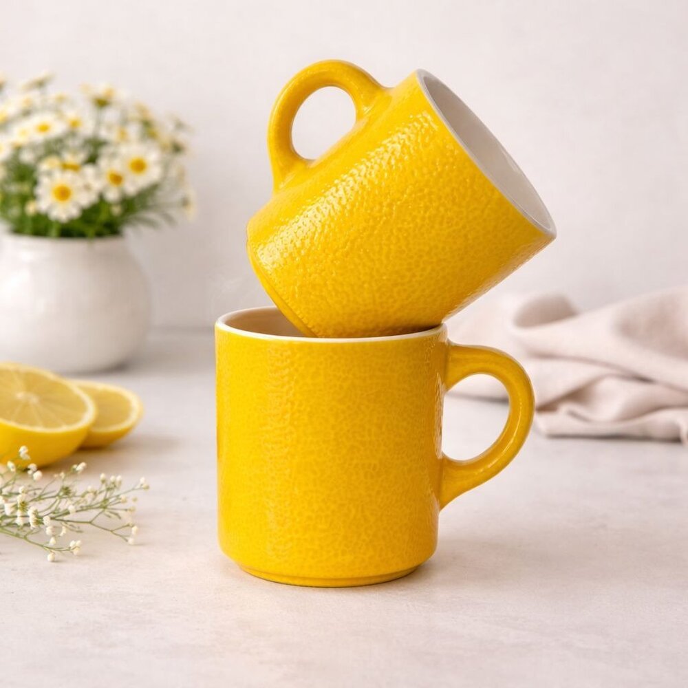 Hazel Atlas Orange Peel Mugs Set of 2 Yellow C Handle VTG Milk Glass Coffee Cups